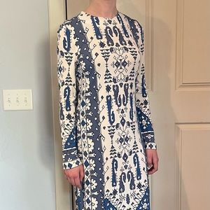 Tory Burch blue and white print long sleeve sheath dress size S